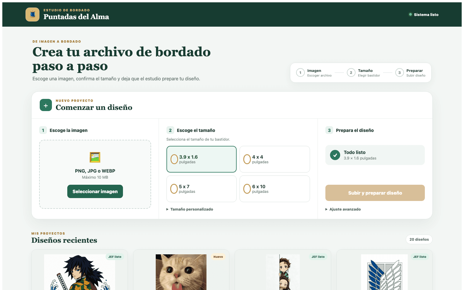 Aplicación Puntadas del Alma: selección de imagen y tamaño para crear un diseño de bordado